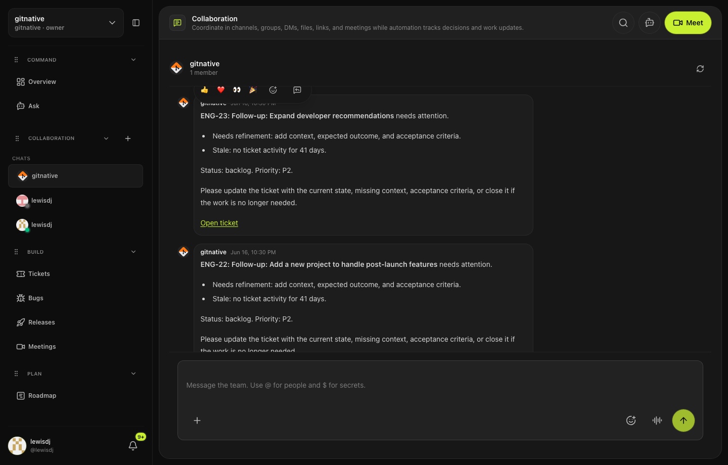 GitNative engineering collaboration conversation with threads, reactions, attachments, and message controls.