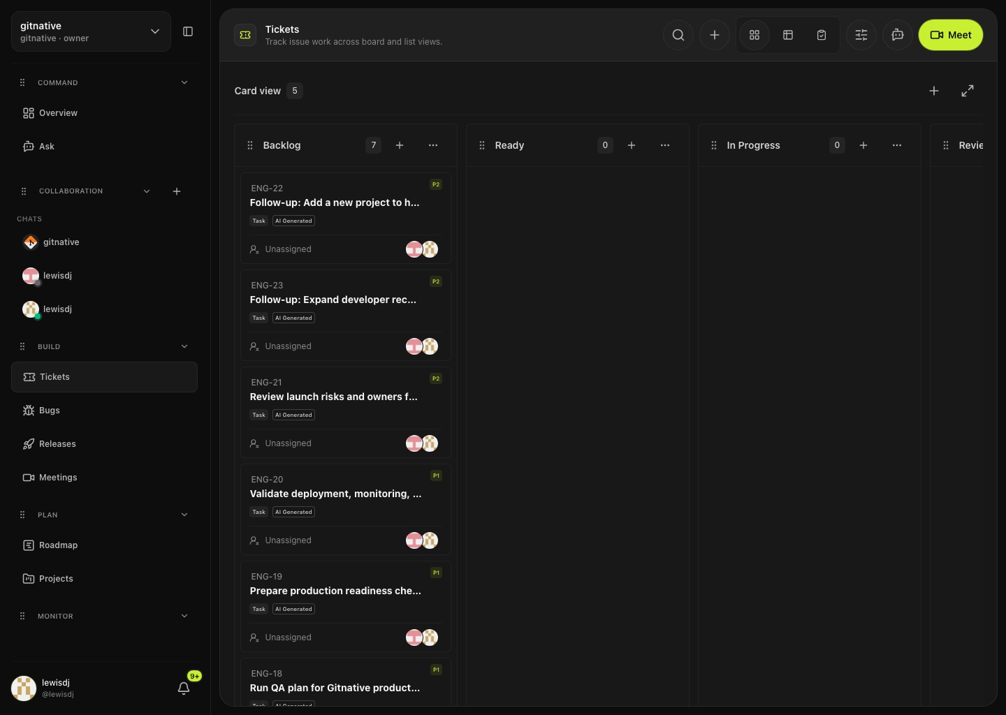GitNative ticket management interface for engineering teams showing delivery priorities and ticket ownership.