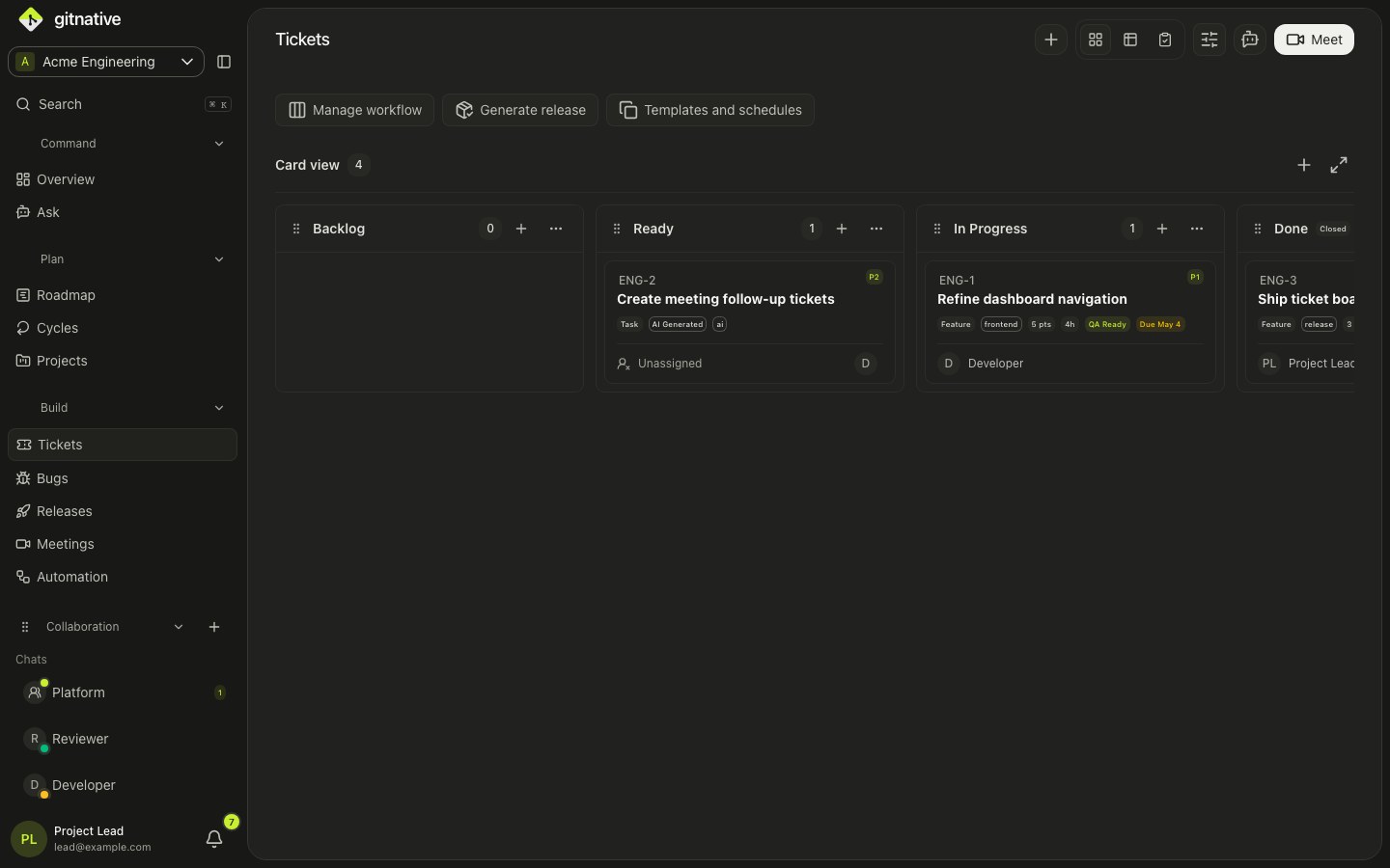 GitNative tickets with workflow stages, priorities and owners.
